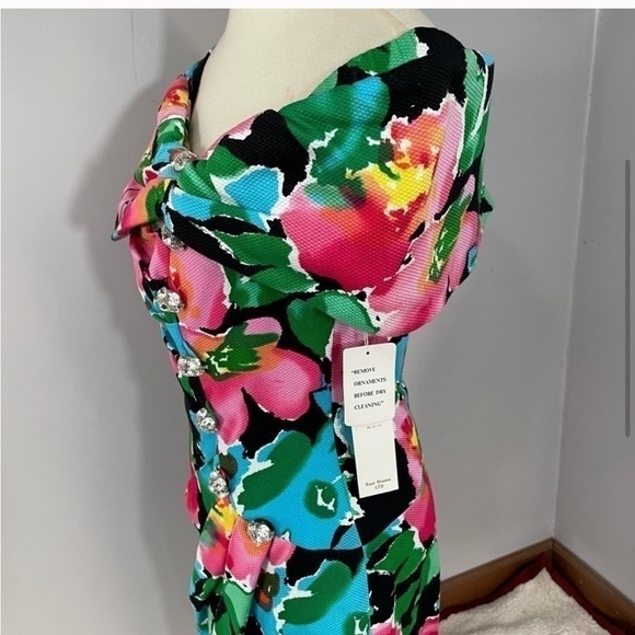 NWT Vintage rare floral asymmetrical off shoulder cocktail bodycon dress - Picture 9 of 12
